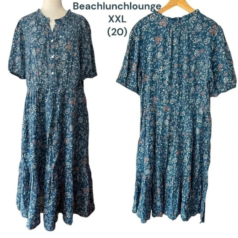 beachlunchlounge XXL(20) blue floral‎ midi tiered shirt dress